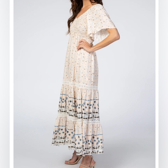 Pink Blush - Cream Printed Smocked Midi Dress - Picture 8 of 8